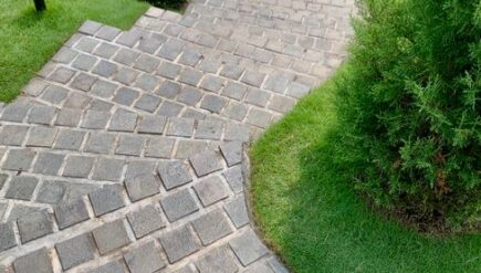 Charming brick footpath surrounded by green foliage. Perfect for serene garden settings.